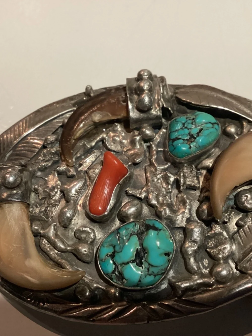 BEAR Claw BELT BUCKLE. OLD PAWN ? CORAL TURQUOISE. SIGNED “SC”